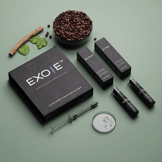 Full EXO|E product range displayed – advanced exosome system for skin rejuvenation