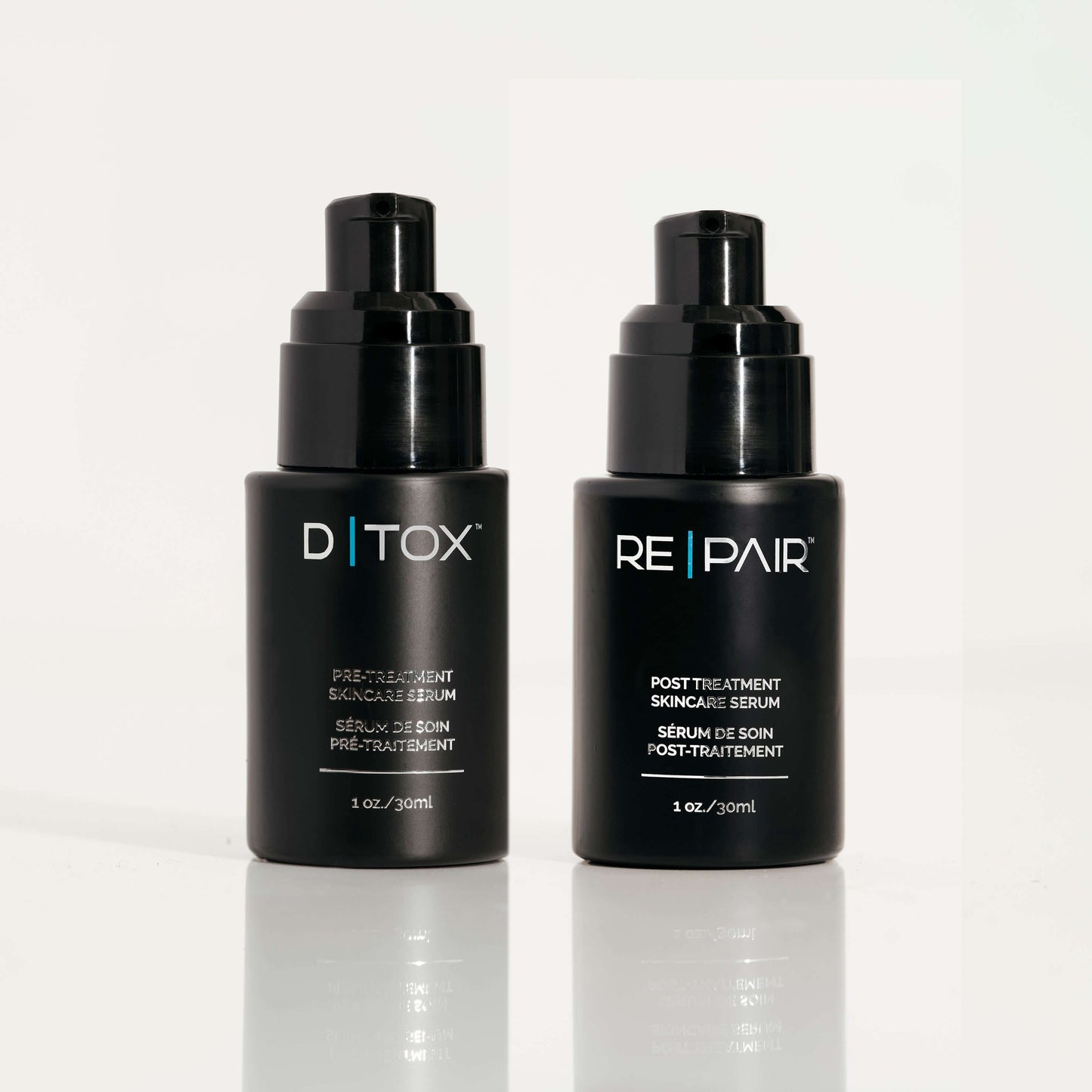 RE|PAIR and D|TOX serums displayed together – pre- and post-treatment skincare duo