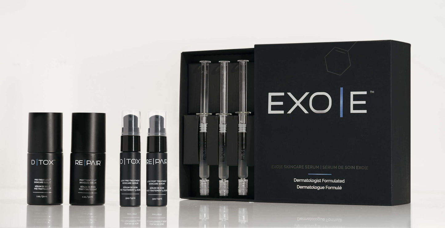 EXO|E System products neatly displayed – full exosome treatment range for aesthetic use