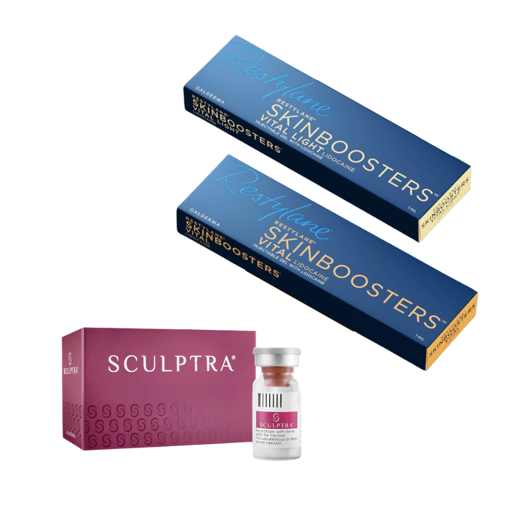Sculptra and Restylane skinboosters on a white background