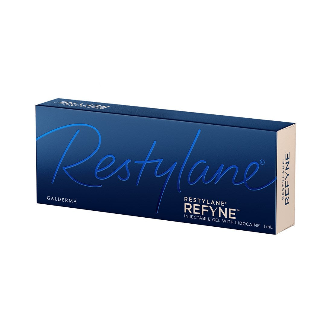 Blue box of Restylane Refyne on a white background
